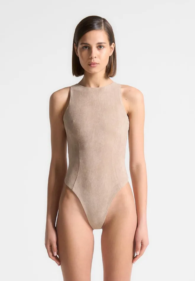 Manire De Voir Bodysuits Manire De Voir Woman ternelle Vegan Suede Racer Neck Bodysuit 8211 Taupe Manire De Voir Bodysuits Manire De Voir Woman ternelle Vegan Suede Racer Neck Bodysuit 8211 Taupe