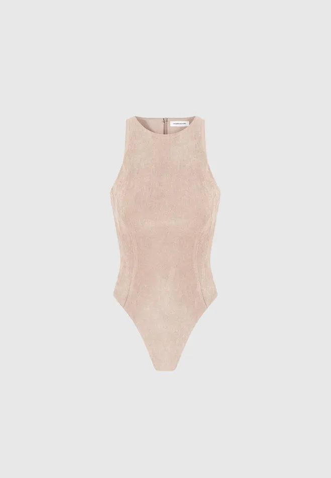 Manire De Voir Bodysuits Manire De Voir Woman ternelle Vegan Suede Racer Neck Bodysuit 8211 Taupe
