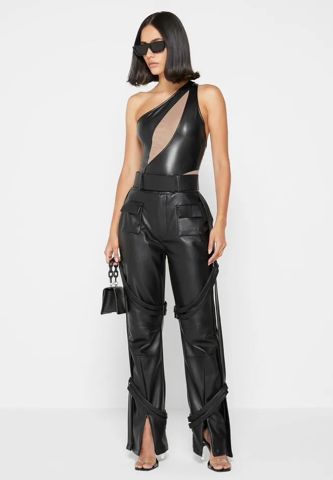Manire De Voir Bodysuits Manire De Voir Woman Vegan Leather Mesh Contour Bodysuit 8211 Black