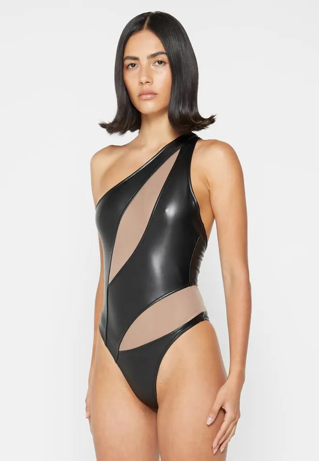 Manire De Voir Bodysuits Manire De Voir Woman Vegan Leather Mesh Contour Bodysuit 8211 Black