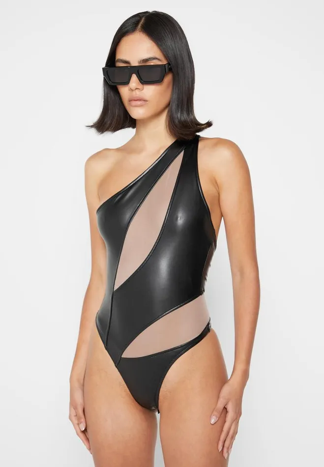 Manire De Voir Bodysuits Manire De Voir Woman Vegan Leather Mesh Contour Bodysuit 8211 Black