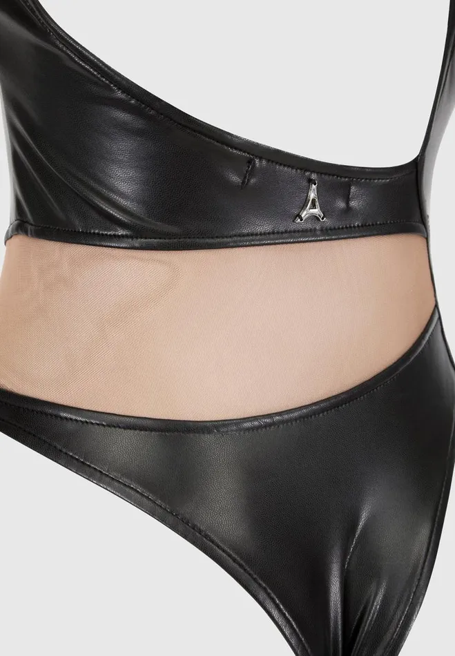 Manire De Voir Bodysuits Manire De Voir Woman Vegan Leather Mesh Contour Bodysuit 8211 Black