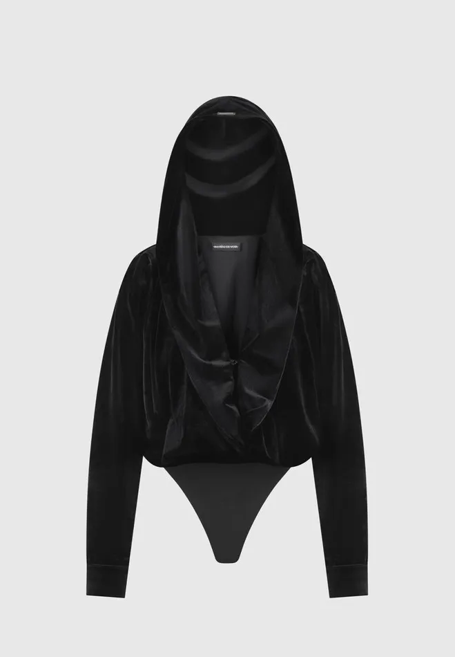 Manire De Voir Bodysuits Manire De Voir Woman Velour Hooded Bodysuit 8211 Black