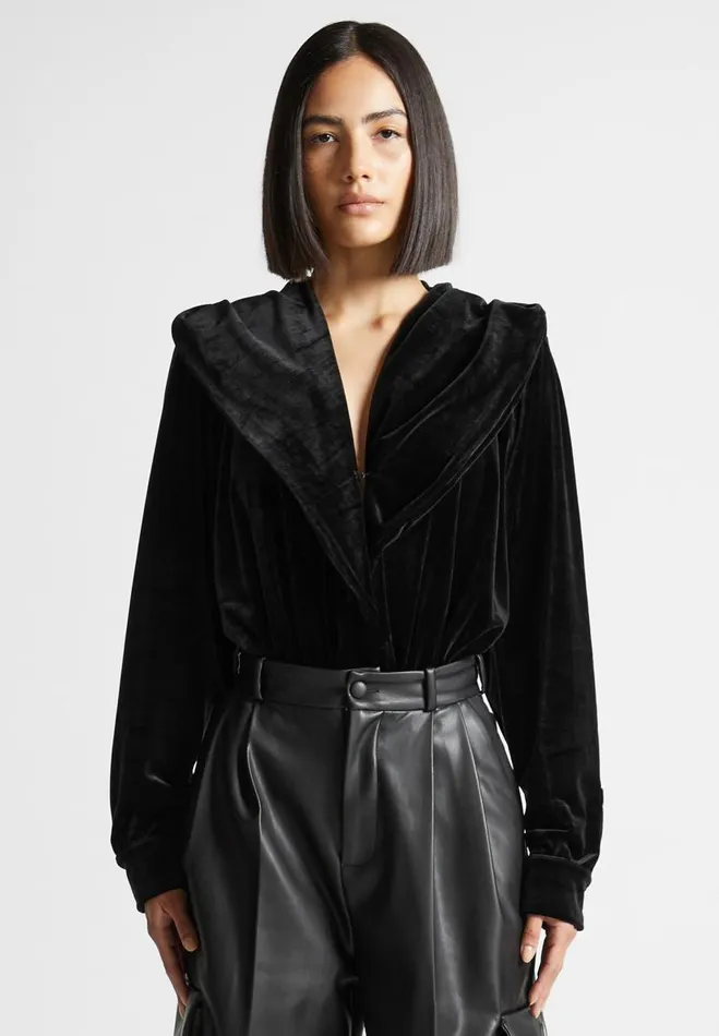 Manire De Voir Bodysuits Manire De Voir Woman Velour Hooded Bodysuit 8211 Black
