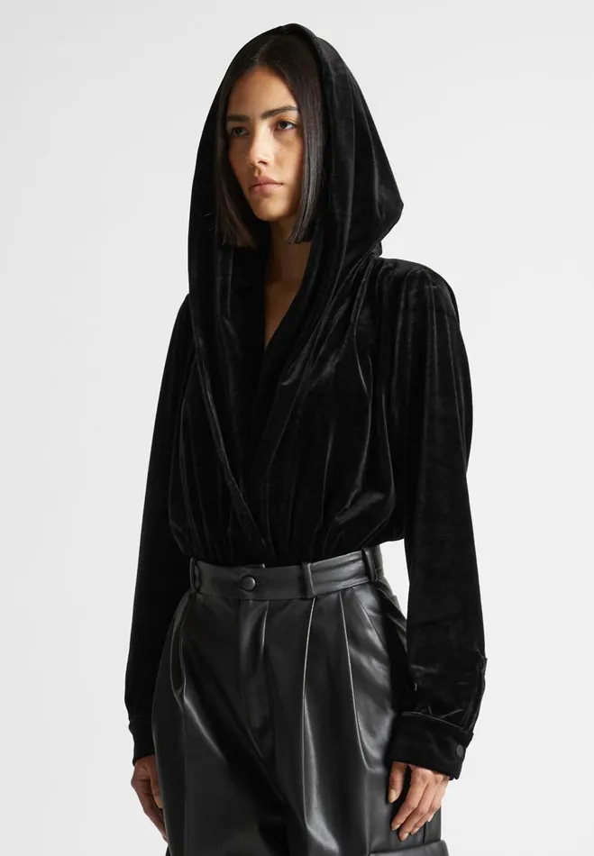 Manire De Voir Bodysuits Manire De Voir Woman Velour Hooded Bodysuit 8211 Black
