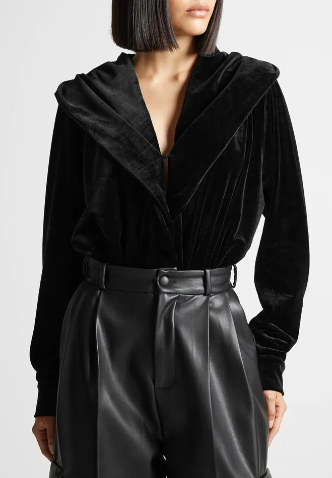 Manire De Voir Bodysuits Manire De Voir Woman Velour Hooded Bodysuit 8211 Black