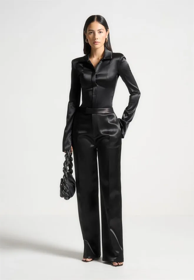 Manire De Voir Bodysuits Manire De Voir Woman Wide Shoulder Satin Shirt Bodysuit 8211 Black