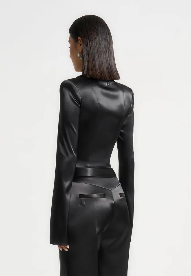 Manire De Voir Bodysuits Manire De Voir Woman Wide Shoulder Satin Shirt Bodysuit 8211 Black