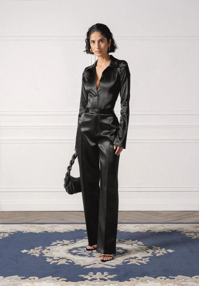 Manire De Voir Bodysuits Manire De Voir Woman Wide Shoulder Satin Shirt Bodysuit 8211 Black