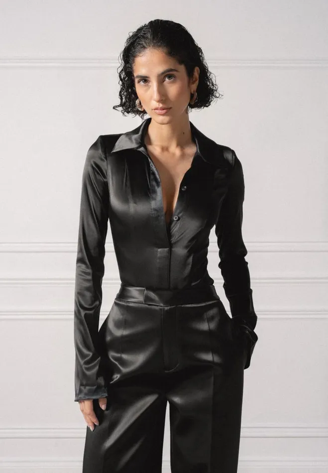 Manire De Voir Bodysuits Manire De Voir Woman Wide Shoulder Satin Shirt Bodysuit 8211 Black