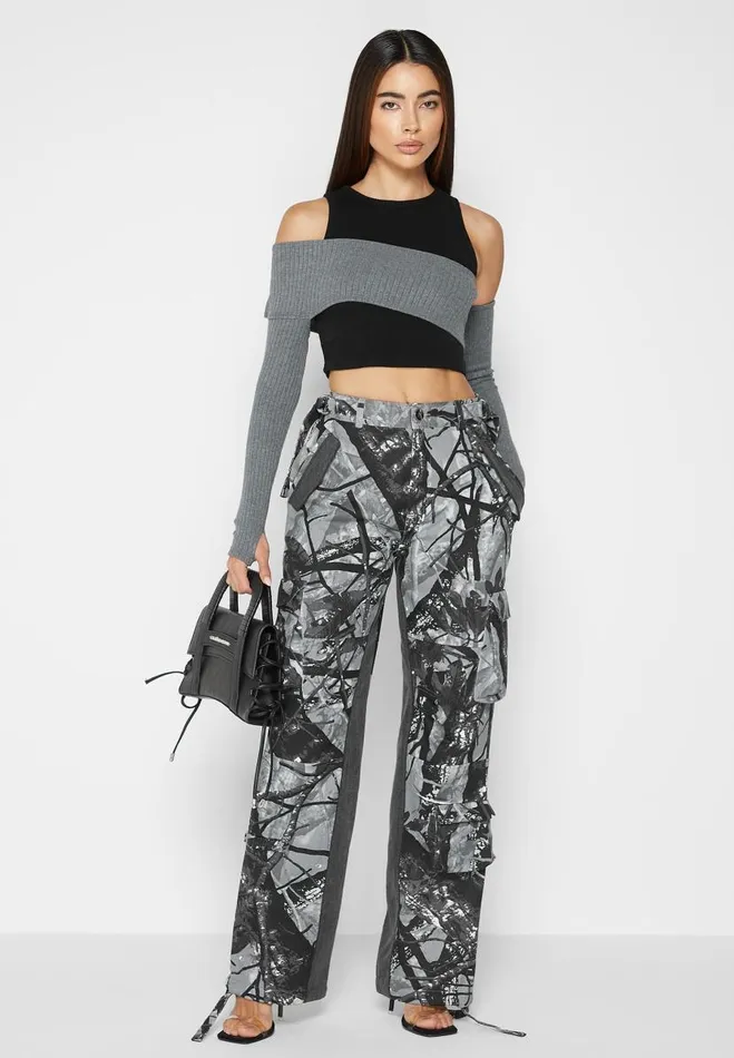 Manire De Voir Cargo Pants and Joggers Manire De Voir Woman Mid Rise Camo And Denim Cargo Pants 8211 Grey