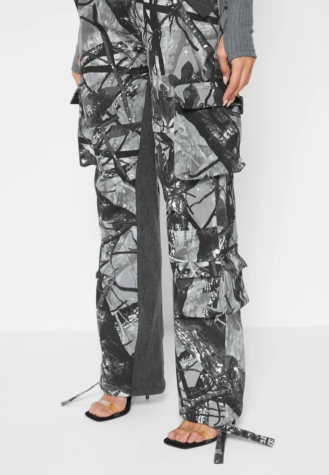 Manire De Voir Cargo Pants and Joggers Manire De Voir Woman Mid Rise Camo And Denim Cargo Pants 8211 Grey