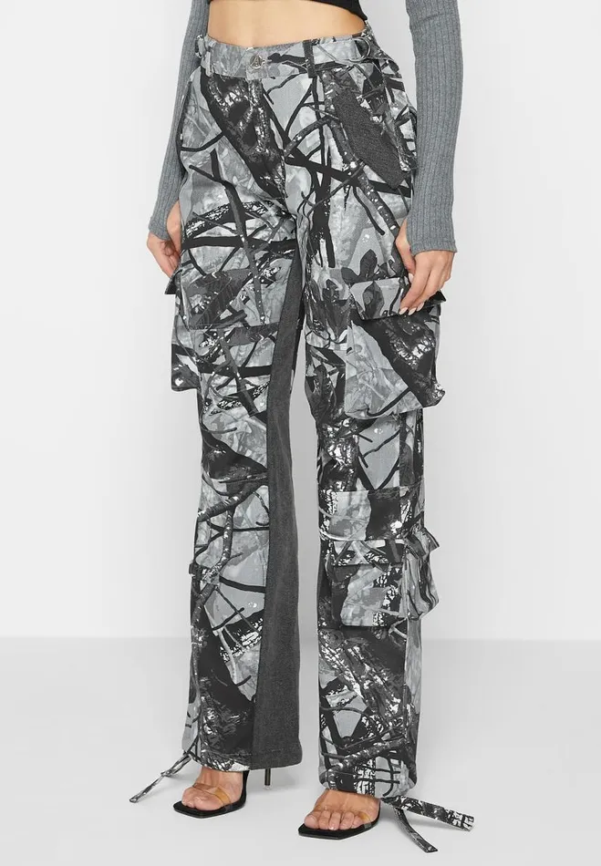 Manire De Voir Cargo Pants and Joggers Manire De Voir Woman Mid Rise Camo And Denim Cargo Pants 8211 Grey