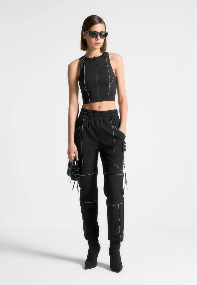 Manire De Voir Cargo Pants and Joggers Manire De Voir Woman Reflective Piped Cargo Pants 8211 Black