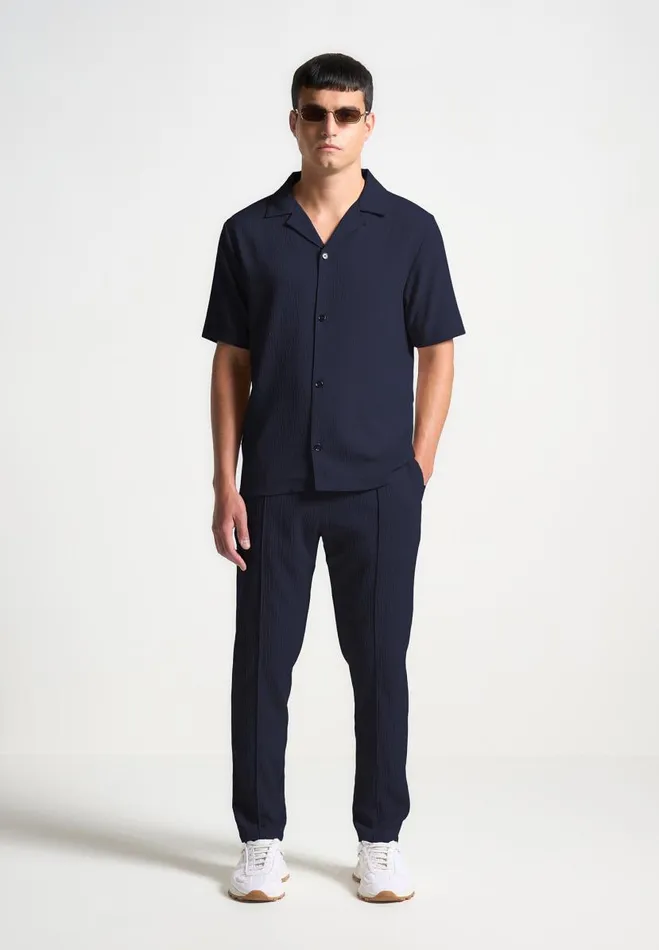 Manire De Voir Casual CoOrds Manire De Voir Man Seersucker Tapered Trousers 8211 Navy