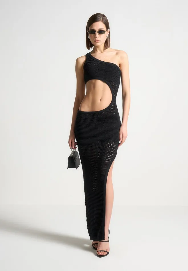 Manire De Voir Dresses Manire De Voir Woman Asymmetric Crochet Knit Cut Out Maxi Dress 8211 Black Manire De Voir Dresses Manire De Voir Woman Asymmetric Crochet Knit Cut Out Maxi Dress 8211 Black