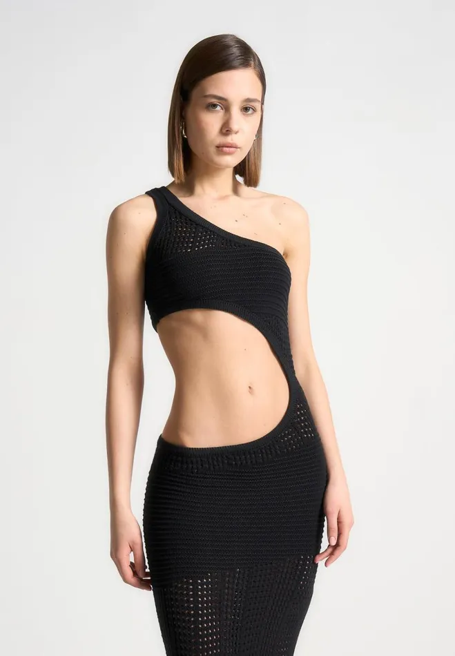 Manire De Voir Dresses Manire De Voir Woman Asymmetric Crochet Knit Cut Out Maxi Dress 8211 Black