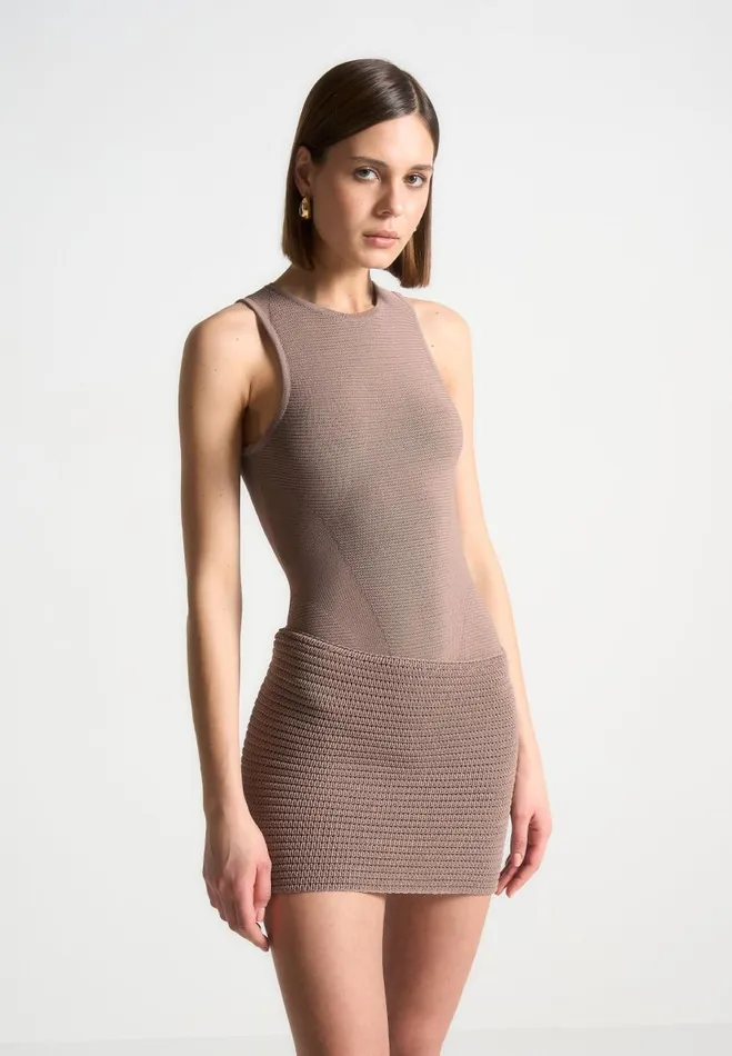 Manire De Voir Dresses Manire De Voir Woman Asymmetric Knit Mini Dress 8211 TaupeBeige Manire De Voir Dresses Manire De Voir Woman Asymmetric Knit Mini Dress 8211 TaupeBeige