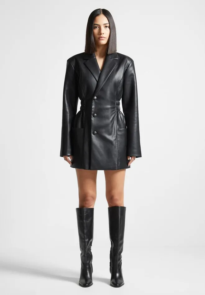Manire De Voir Dresses Manire De Voir Woman Double Breasted Vegan Leather Blazer Dress 8211 Black