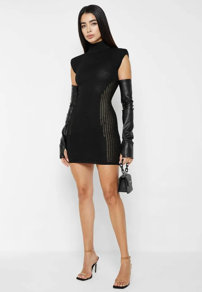 Manire De Voir Dresses Manire De Voir Woman Knitted Contour Dress With Vegan Leather Sleeves 8211 Black Manire De Voir Dresses Manire De Voir Woman Knitted Contour Dress With Vegan Leather Sleeves 8211 Black