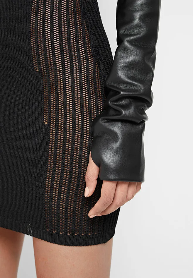 Manire De Voir Dresses Manire De Voir Woman Knitted Contour Dress With Vegan Leather Sleeves 8211 Black