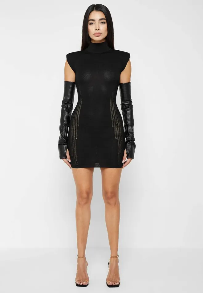 Manire De Voir Dresses Manire De Voir Woman Knitted Contour Dress With Vegan Leather Sleeves 8211 Black