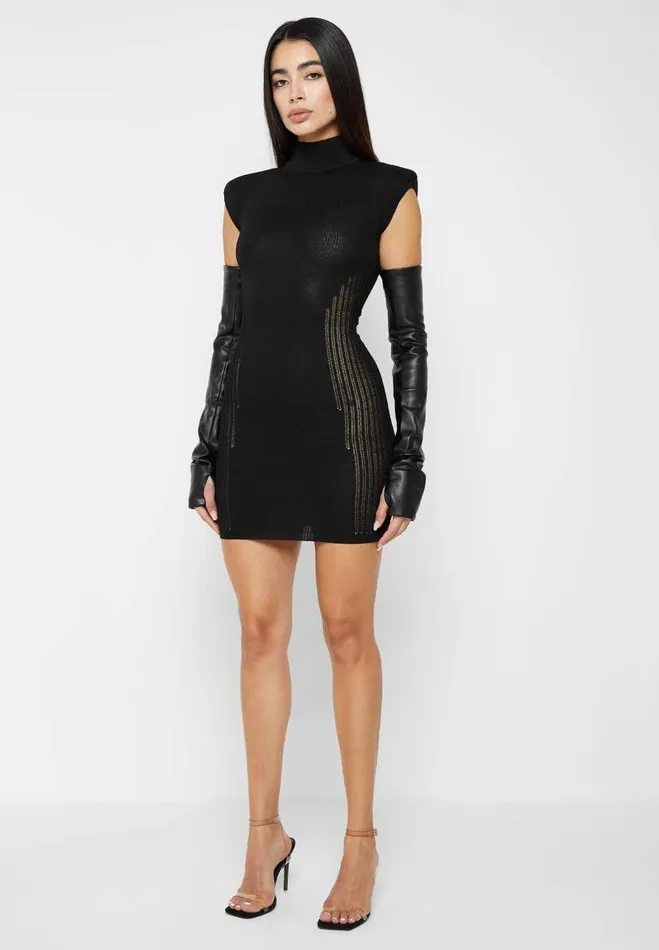 Manire De Voir Dresses Manire De Voir Woman Knitted Contour Dress With Vegan Leather Sleeves 8211 Black