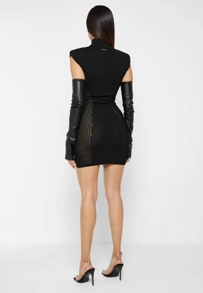 Manire De Voir Dresses Manire De Voir Woman Knitted Contour Dress With Vegan Leather Sleeves 8211 Black