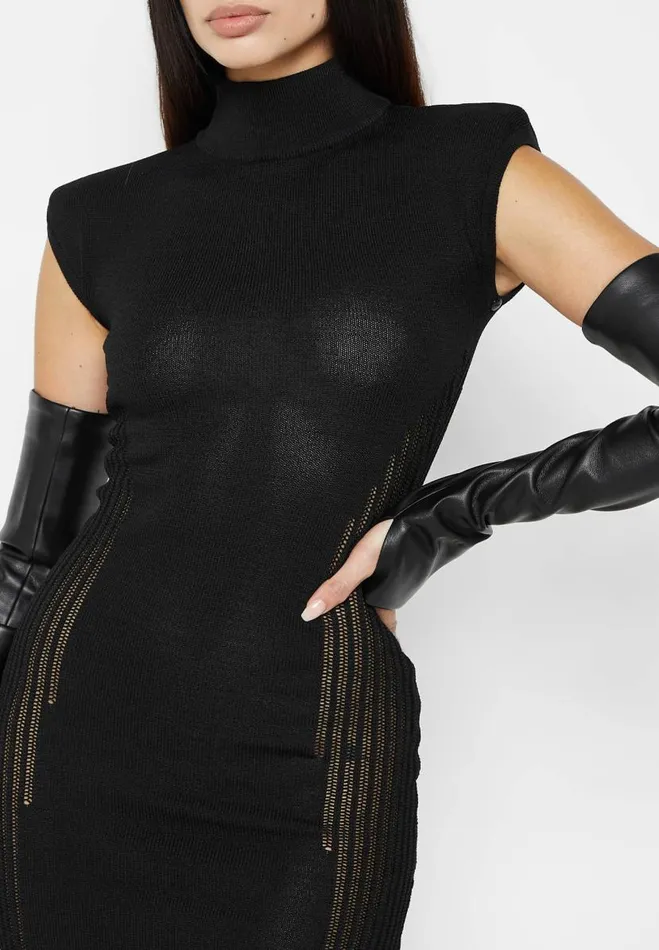 Manire De Voir Dresses Manire De Voir Woman Knitted Contour Dress With Vegan Leather Sleeves 8211 Black