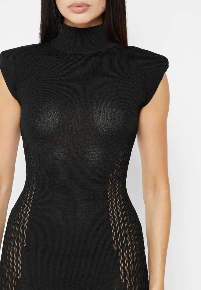 Manire De Voir Dresses Manire De Voir Woman Knitted Contour Dress With Vegan Leather Sleeves 8211 Black