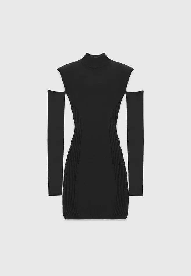 Manire De Voir Dresses Manire De Voir Woman Knitted Contour Dress With Vegan Leather Sleeves 8211 Black