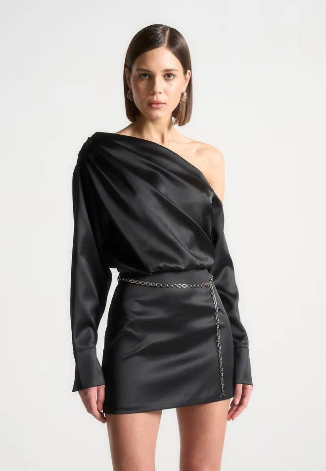 Manire De Voir Dresses Manire De Voir Woman Off Shoulder Draped Satin Mini Dress With Belt 8211 Black Manire De Voir Dresses Manire De Voir Woman Off Shoulder Draped Satin Mini Dress With Belt 8211 Black