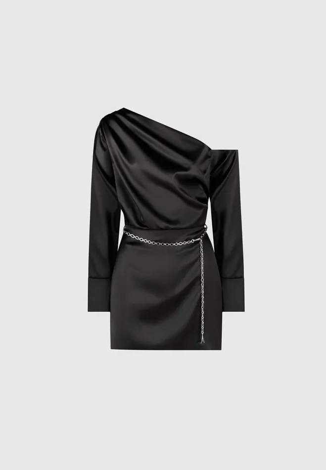 Manire De Voir Dresses Manire De Voir Woman Off Shoulder Draped Satin Mini Dress With Belt 8211 Black