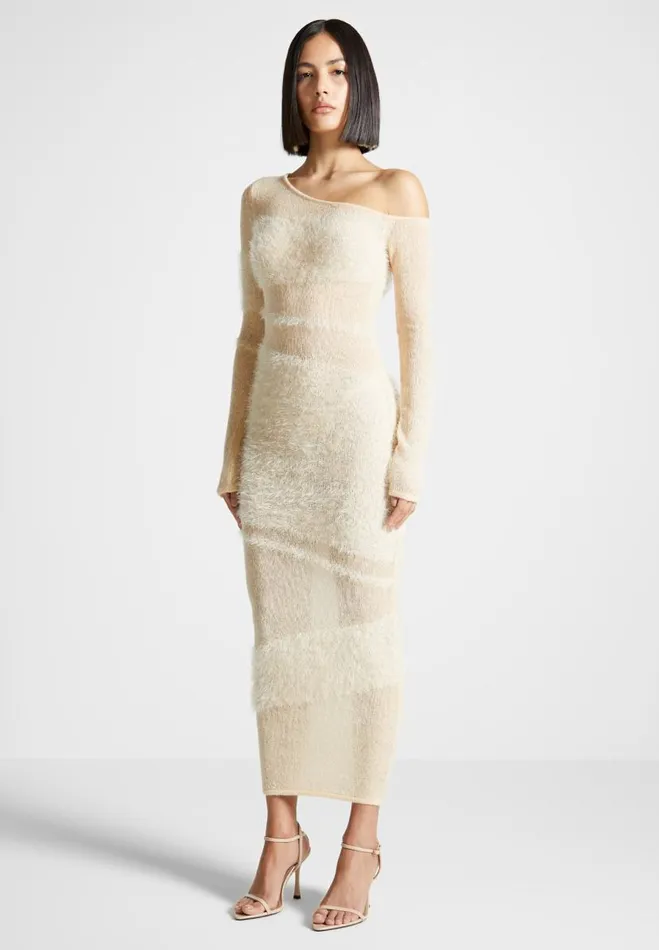Manire De Voir Dresses Manire De Voir Woman Off Shoulder Knitted Maxi Dress 8211 Beige