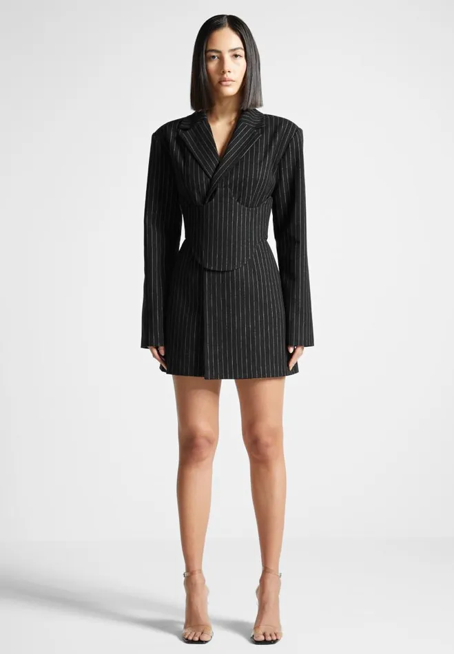 Manire De Voir Dresses Manire De Voir Woman Pinstripe Blazer Dress With Reversible Corset 8211 Black Manire De Voir Dresses Manire De Voir Woman Pinstripe Blazer Dress With Reversible Corset 8211 Black