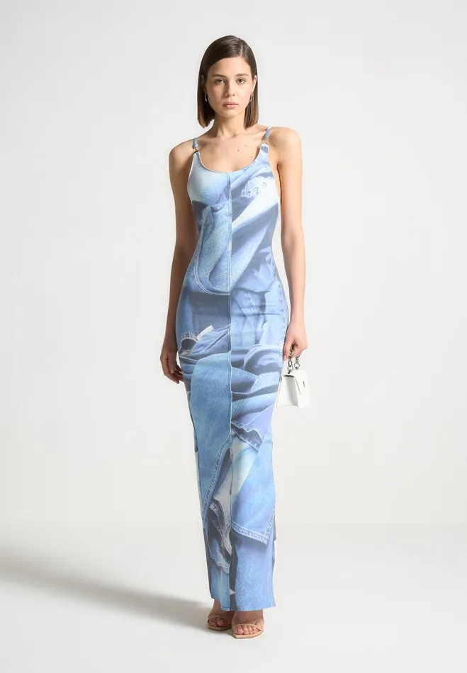 Manire De Voir Dresses Manire De Voir Woman Printed Denim Effect Maxi Dress 8211 Blue Manire De Voir Dresses Manire De Voir Woman Printed Denim Effect Maxi Dress 8211 Blue