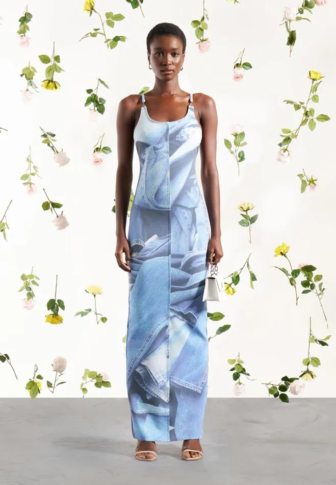 Manire De Voir Dresses Manire De Voir Woman Printed Denim Effect Maxi Dress 8211 Blue