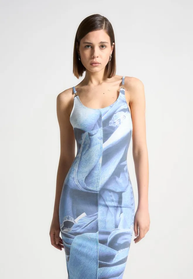 Manire De Voir Dresses Manire De Voir Woman Printed Denim Effect Maxi Dress 8211 Blue