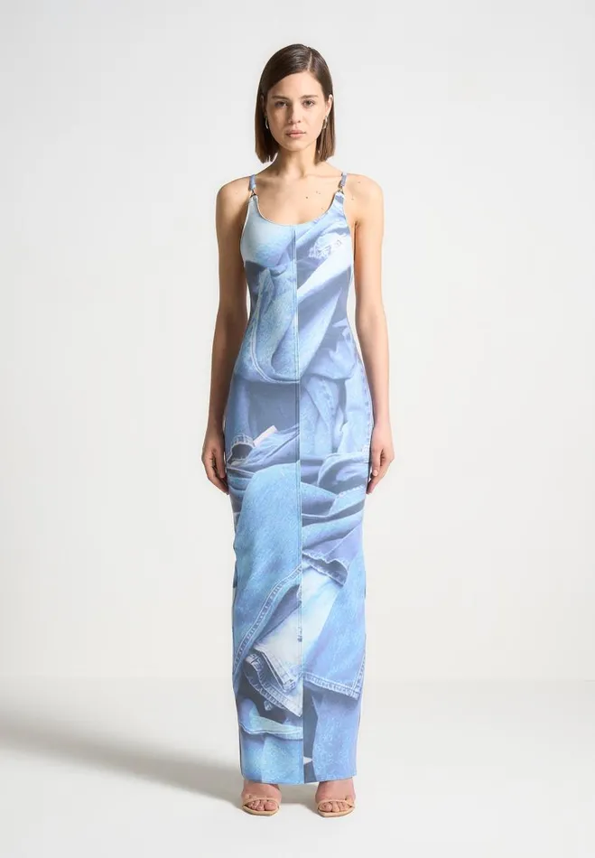 Manire De Voir Dresses Manire De Voir Woman Printed Denim Effect Maxi Dress 8211 Blue