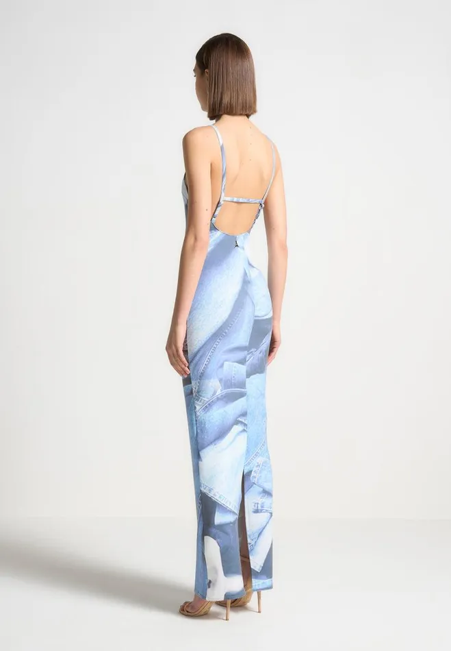 Manire De Voir Dresses Manire De Voir Woman Printed Denim Effect Maxi Dress 8211 Blue