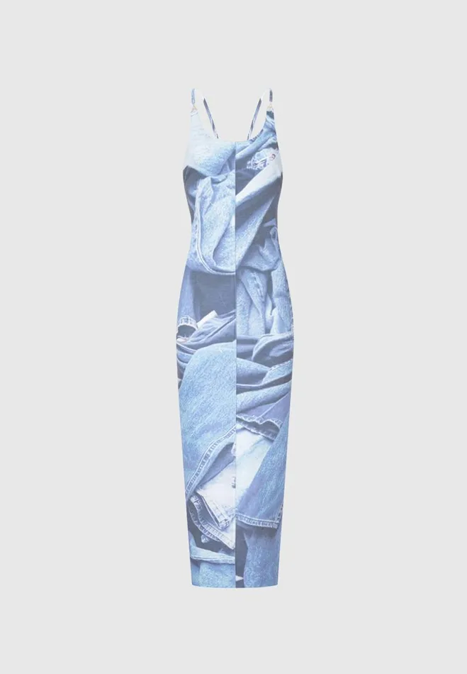 Manire De Voir Dresses Manire De Voir Woman Printed Denim Effect Maxi Dress 8211 Blue