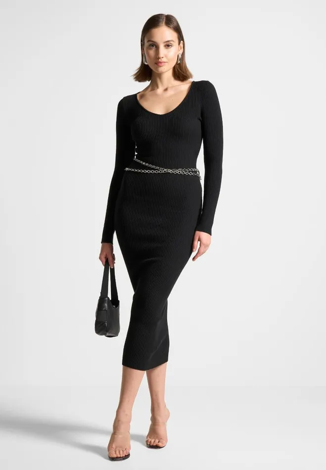 Manire De Voir Dresses Manire De Voir Woman Ribbed Knit Midaxi Dress With Chain Belt 8211 Black