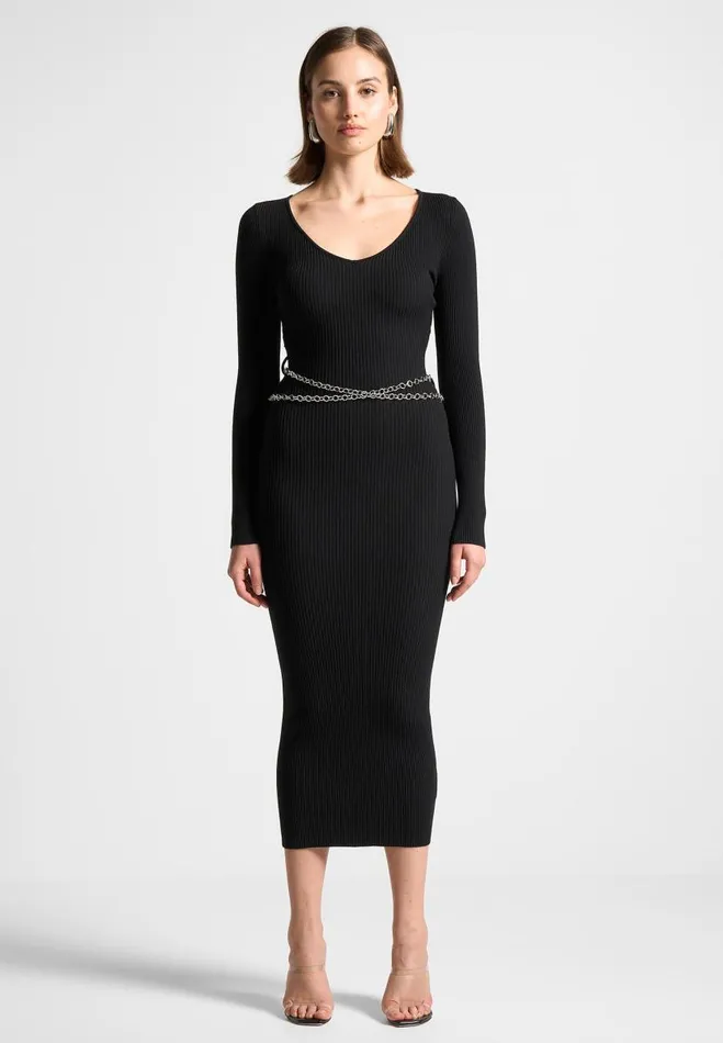 Manire De Voir Dresses Manire De Voir Woman Ribbed Knit Midaxi Dress With Chain Belt 8211 Black