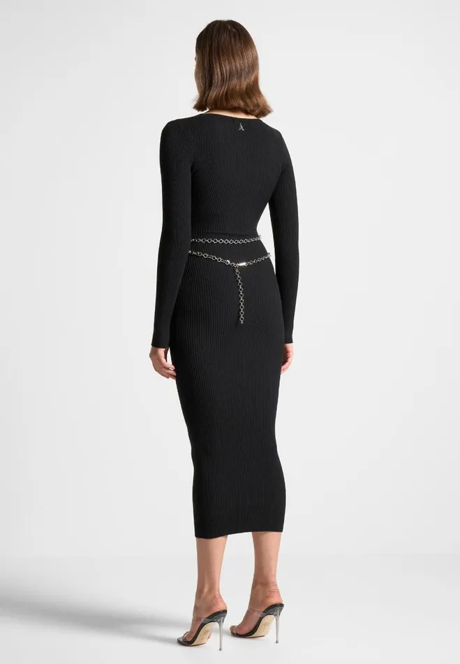 Manire De Voir Dresses Manire De Voir Woman Ribbed Knit Midaxi Dress With Chain Belt 8211 Black