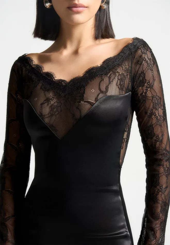 Manire De Voir Dresses Manire De Voir Woman Satin And Lace Mini Dress 8211 Black