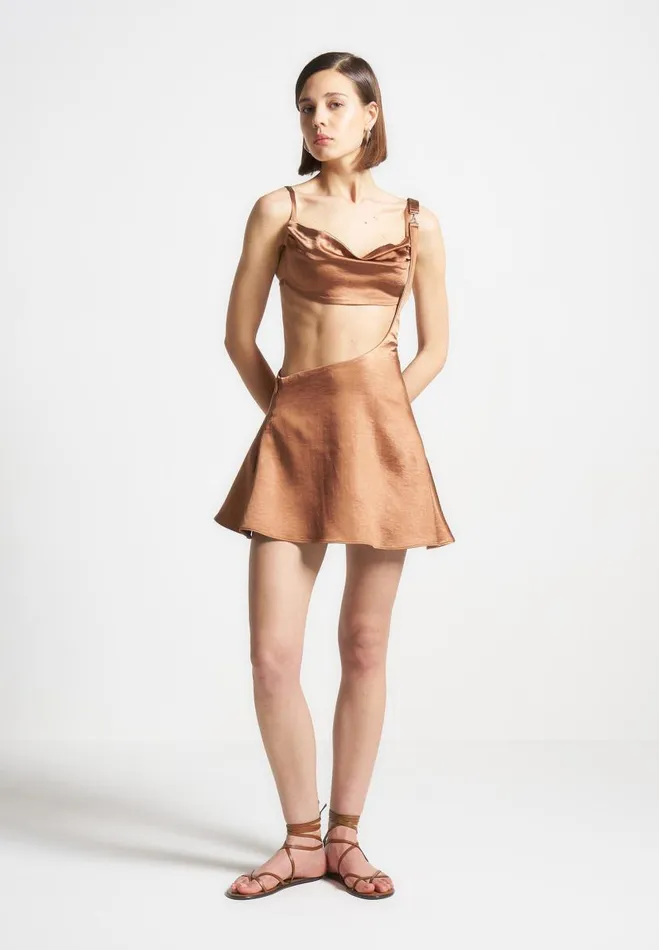 Manire De Voir Dresses Manire De Voir Woman Satin Bralette Fluted Mini Dress 8211 Bronze Manire De Voir Dresses Manire De Voir Woman Satin Bralette Fluted Mini Dress 8211 Bronze