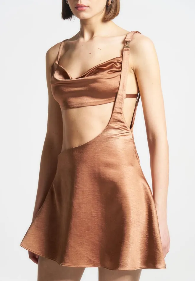 Manire De Voir Dresses Manire De Voir Woman Satin Bralette Fluted Mini Dress 8211 Bronze