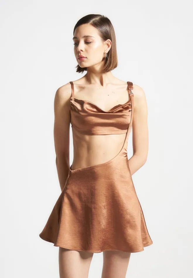 Manire De Voir Dresses Manire De Voir Woman Satin Bralette Fluted Mini Dress 8211 Bronze