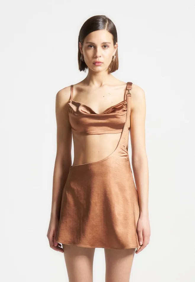 Manire De Voir Dresses Manire De Voir Woman Satin Bralette Fluted Mini Dress 8211 Bronze