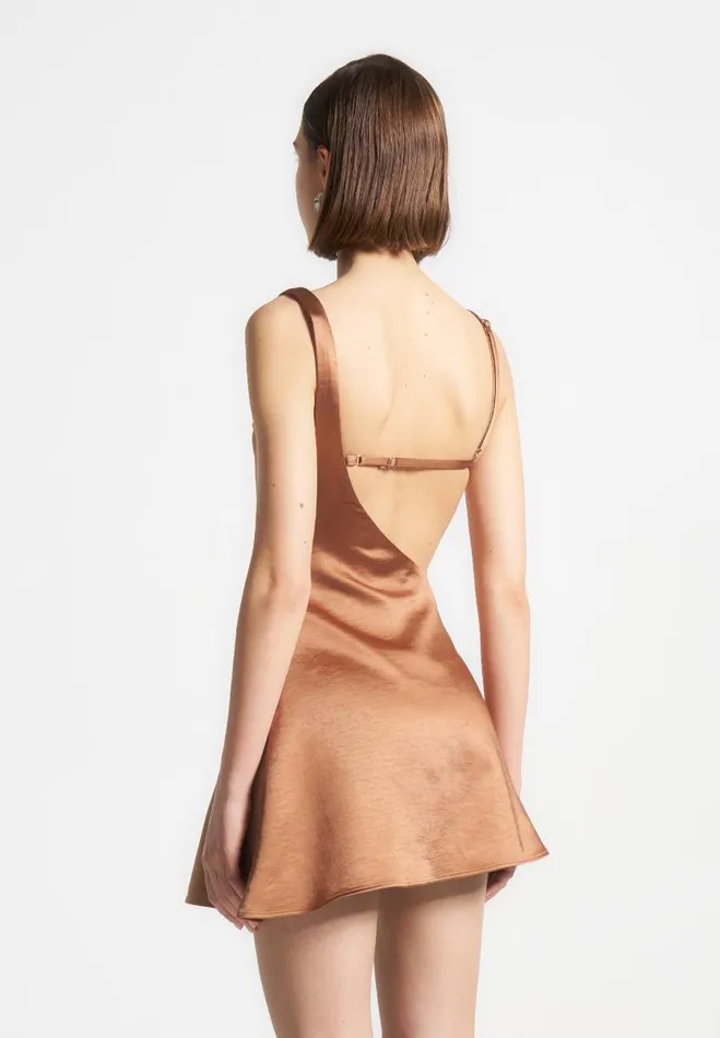 Manire De Voir Dresses Manire De Voir Woman Satin Bralette Fluted Mini Dress 8211 Bronze